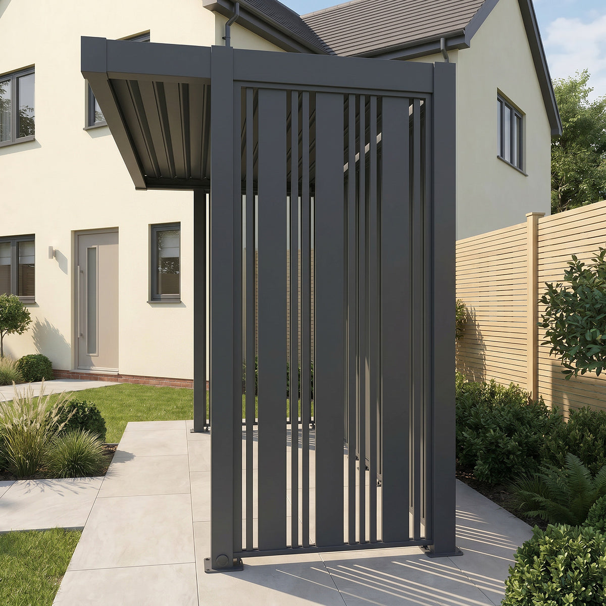 Bracken Outdoors Grey Aluminium BBQ Pergola with Vario Slat Laser Cut Privacy Panels