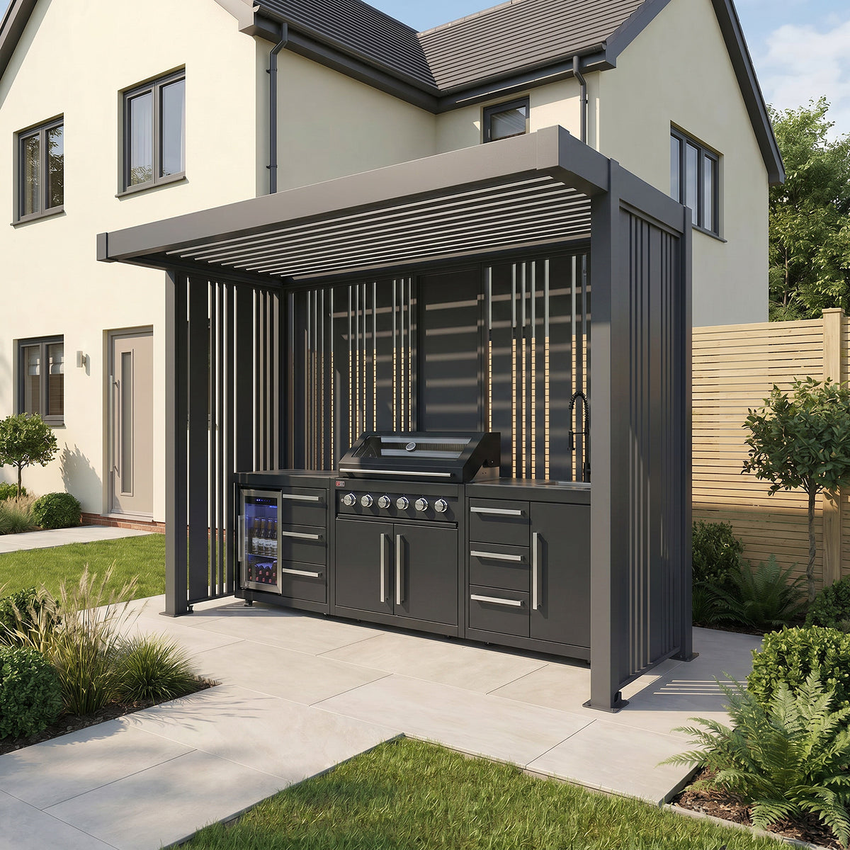 Bracken Outdoors Grey Aluminium BBQ Pergola with Vario Slat Laser Cut Privacy Panels