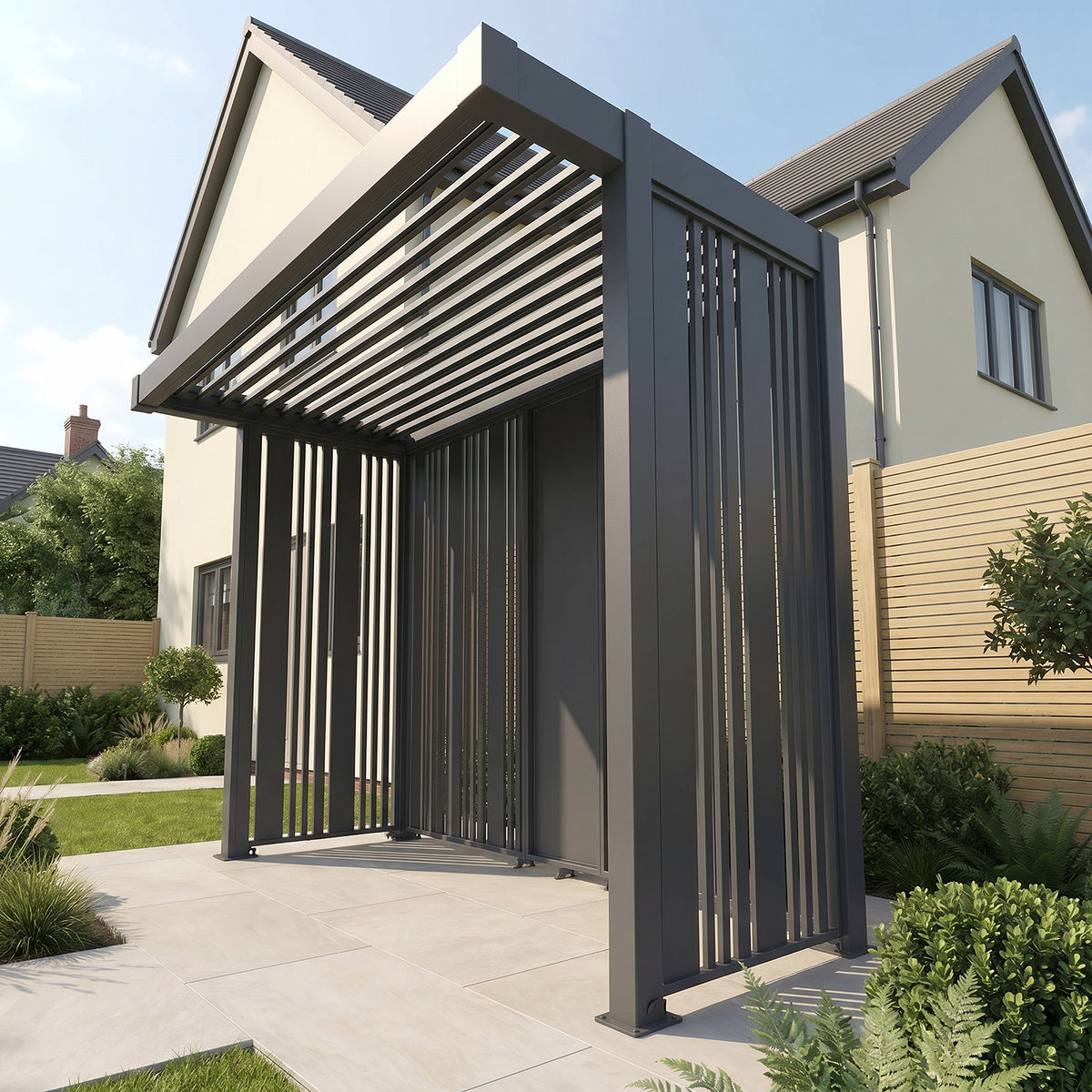 Bracken Outdoors Grey Aluminium BBQ Pergola with Vario Slat Laser Cut Privacy Panels