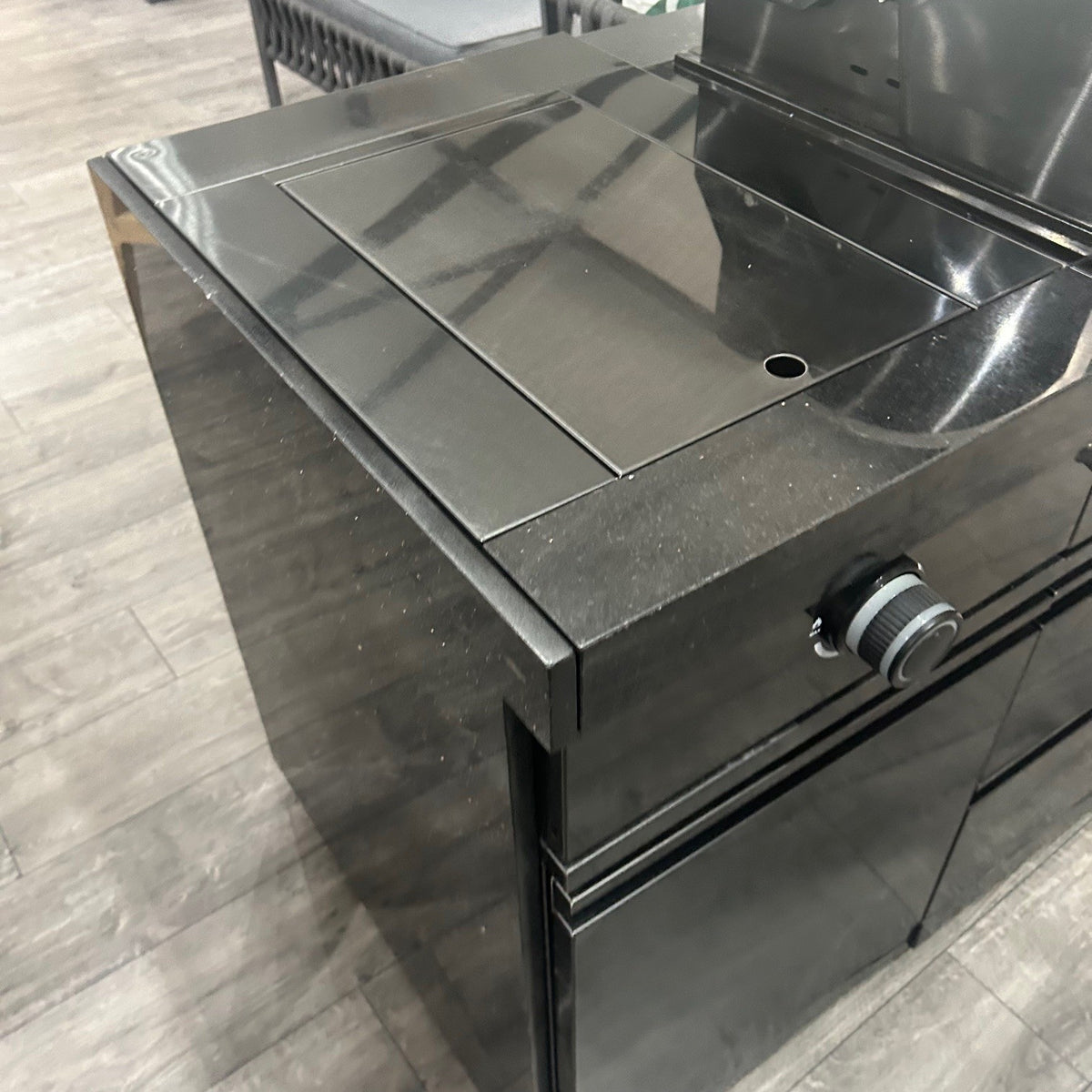 Ex Display Draco Grills 6 Burner Black Stainless Steel Outdoor Kitchen with Sear Station and Single Fridge Unit