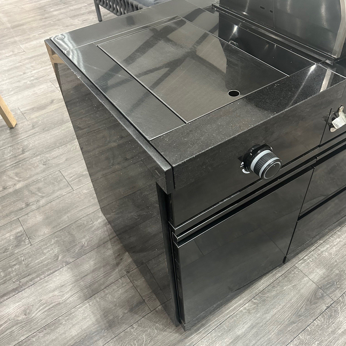 Ex Display Draco Grills 6 Burner Black Stainless Steel Outdoor Kitchen with Sear Station and Single Fridge Unit