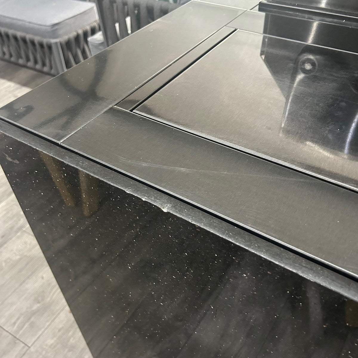 Ex Display Draco Grills 6 Burner Black Stainless Steel Outdoor Kitchen with Sear Station and Single Fridge Unit