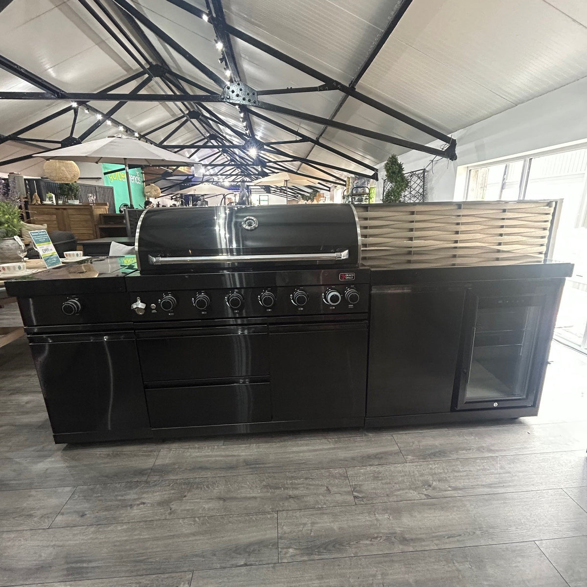 Ex Display Draco Grills 6 Burner Black Stainless Steel Outdoor Kitchen with Sear Station and Single Fridge Unit