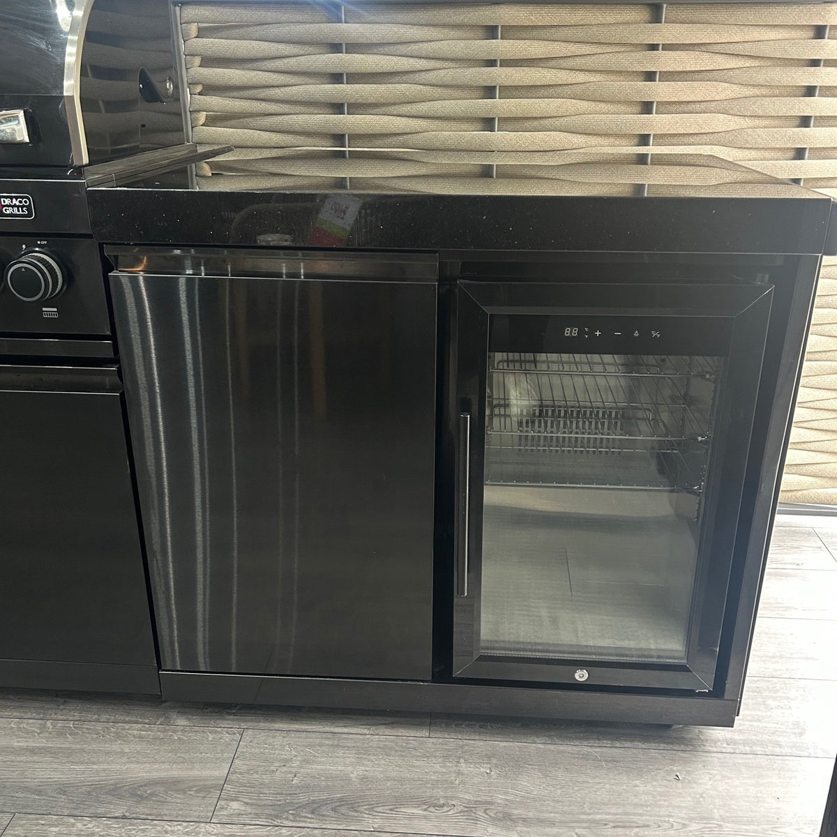 Ex Display Draco Grills 6 Burner Black Stainless Steel Outdoor Kitchen with Sear Station and Single Fridge Unit