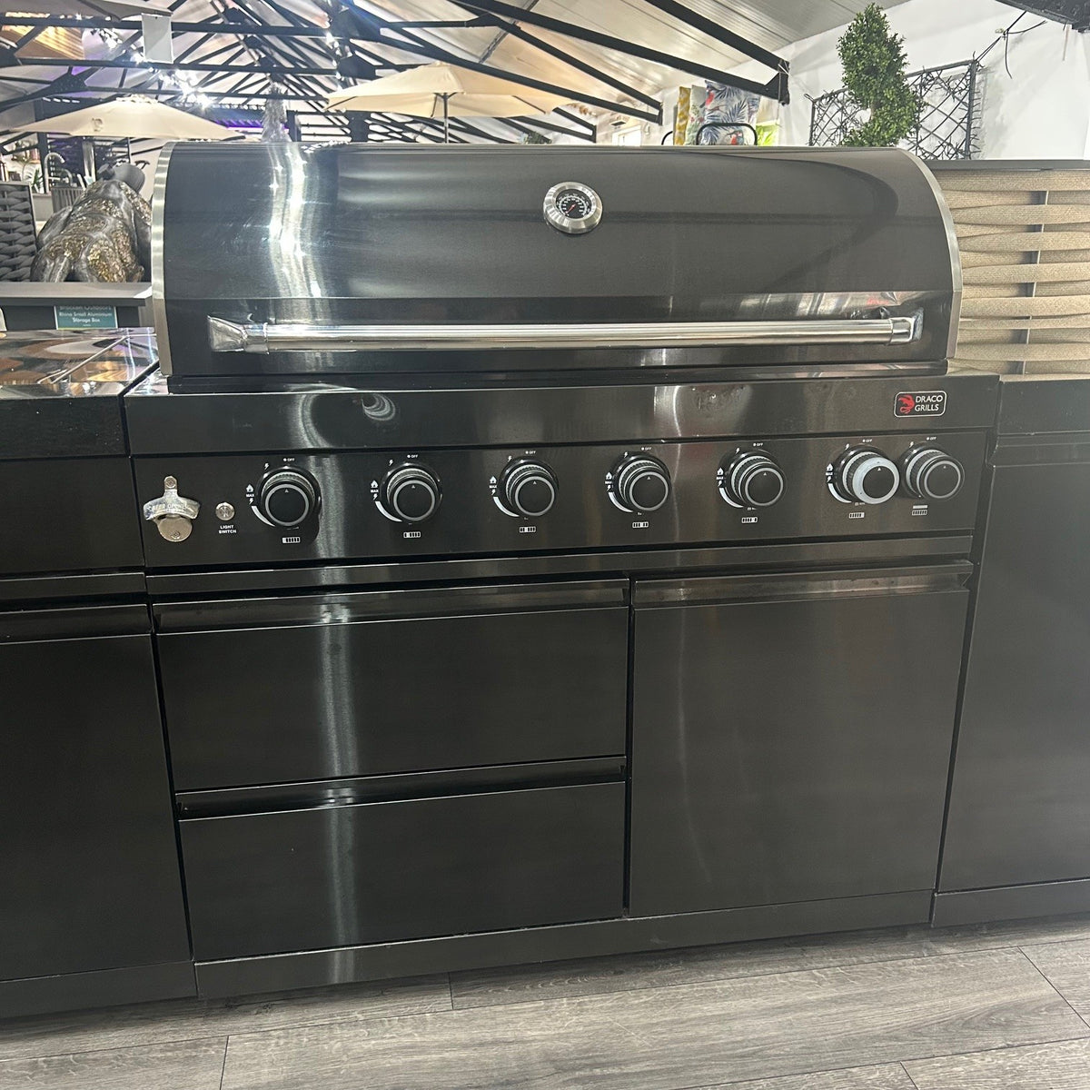 Ex Display Draco Grills 6 Burner Black Stainless Steel Outdoor Kitchen with Sear Station and Single Fridge Unit