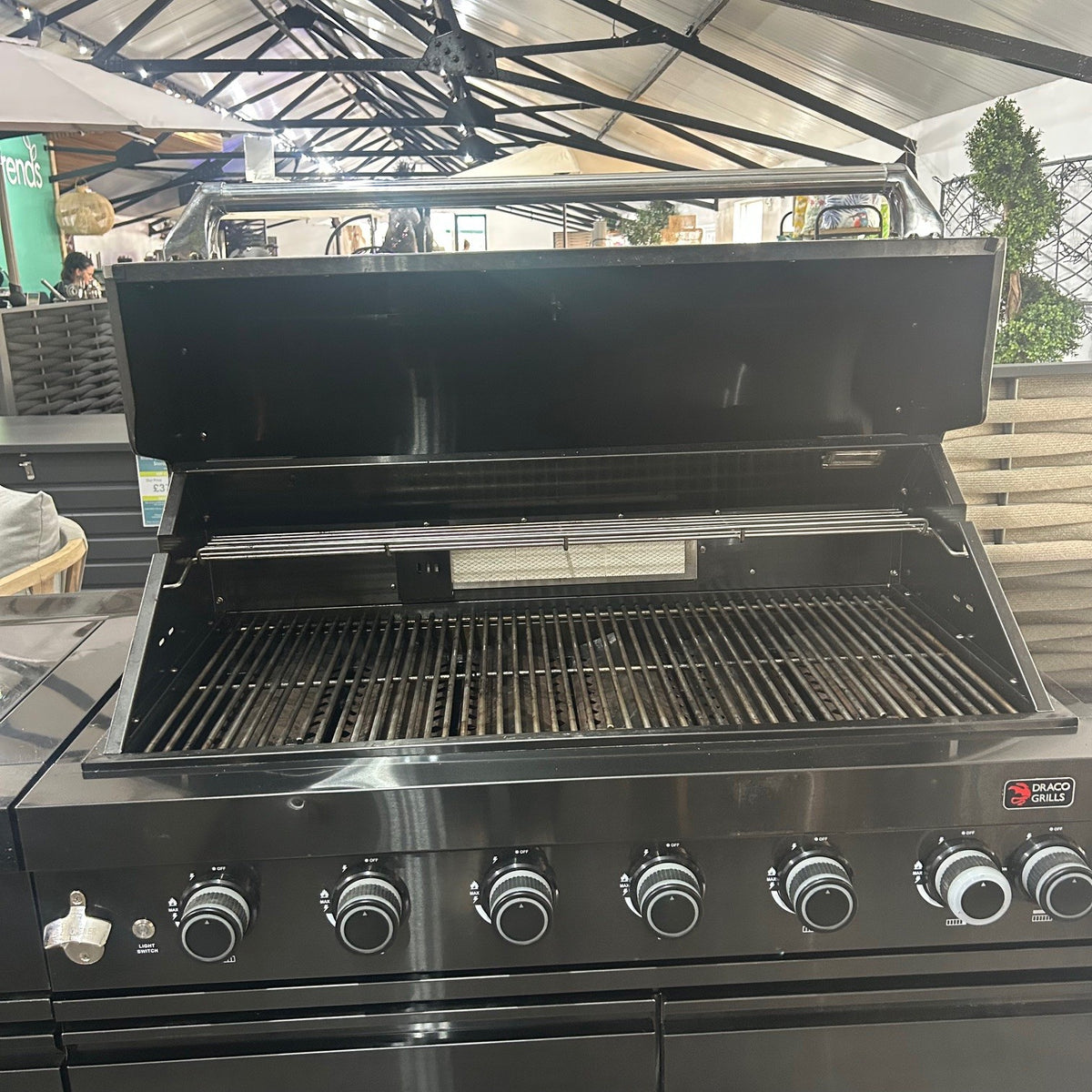 Ex Display Draco Grills 6 Burner Black Stainless Steel Outdoor Kitchen with Sear Station and Single Fridge Unit