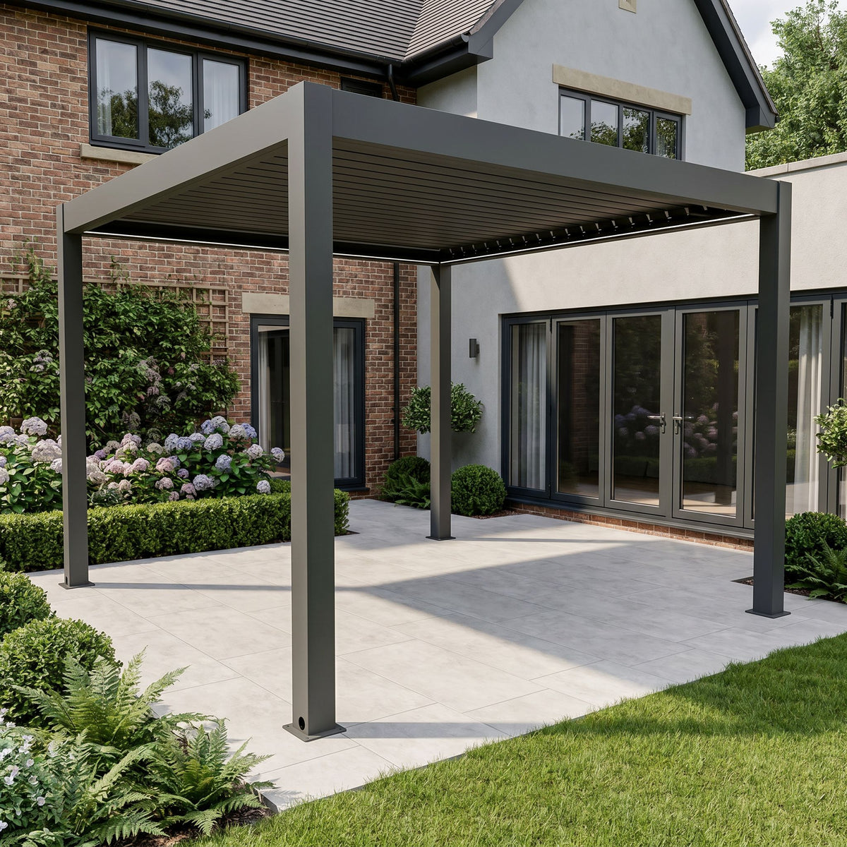 Bracken Outdoors Eclipse Plus 3m x 3m Grey Square Motorised Aluminium Garden Pergola with Lights
