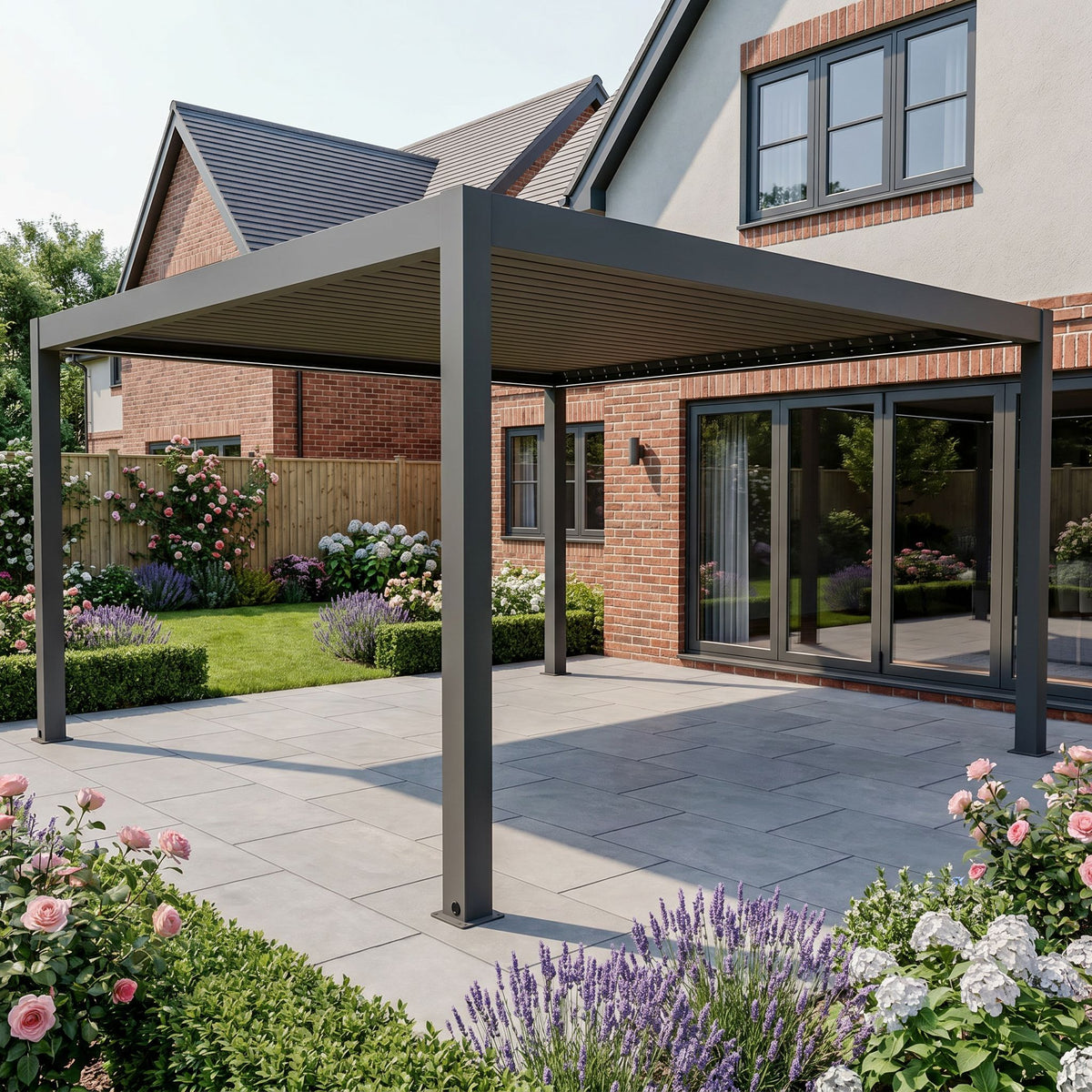 Bracken Outdoors Eclipse Plus 4m x 4m Grey Square Motorised Aluminium Garden Pergola with Lights