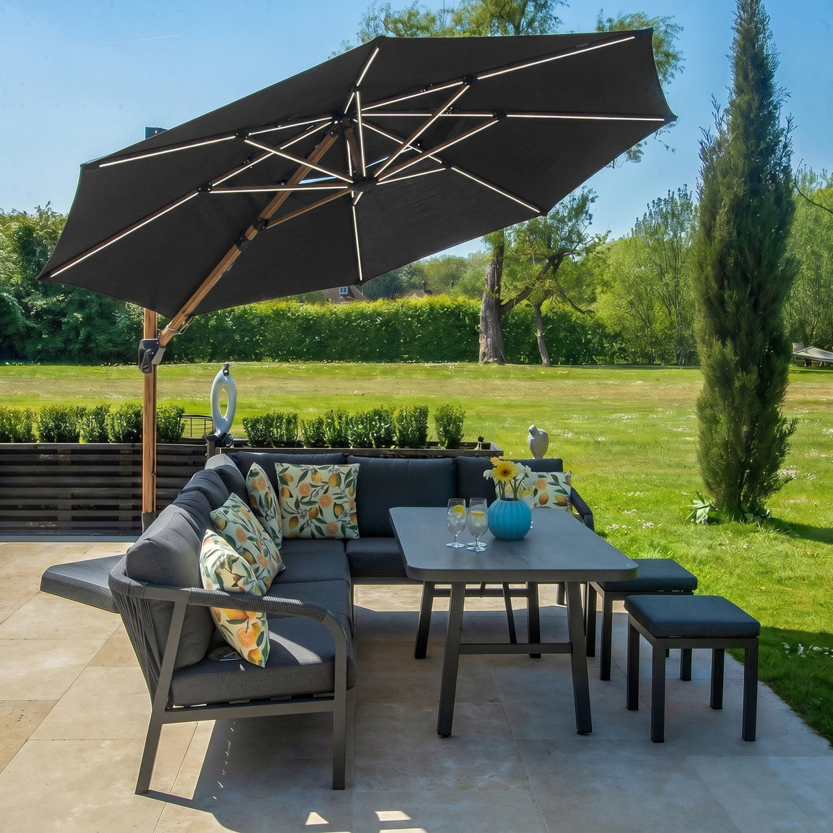 Bracken Outdoors Wood Effect 3.3m Grey Round Cantilever Parasol With Lights & FREE Base