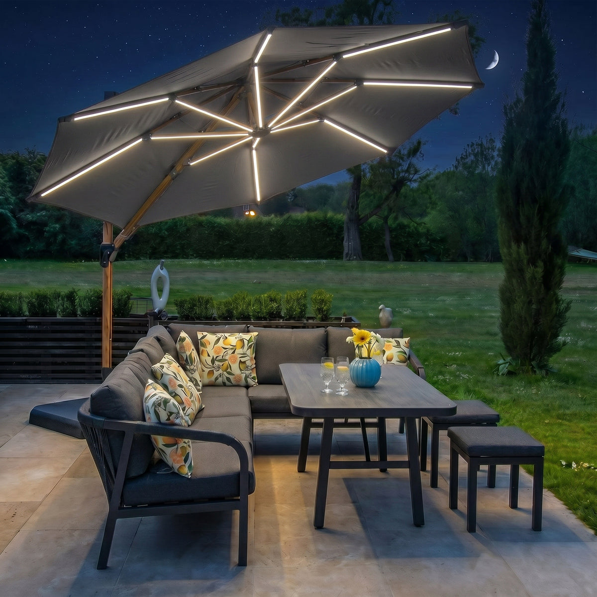 Bracken Outdoors Wood Effect 3.3m Grey Round Cantilever Parasol With Lights & FREE Base