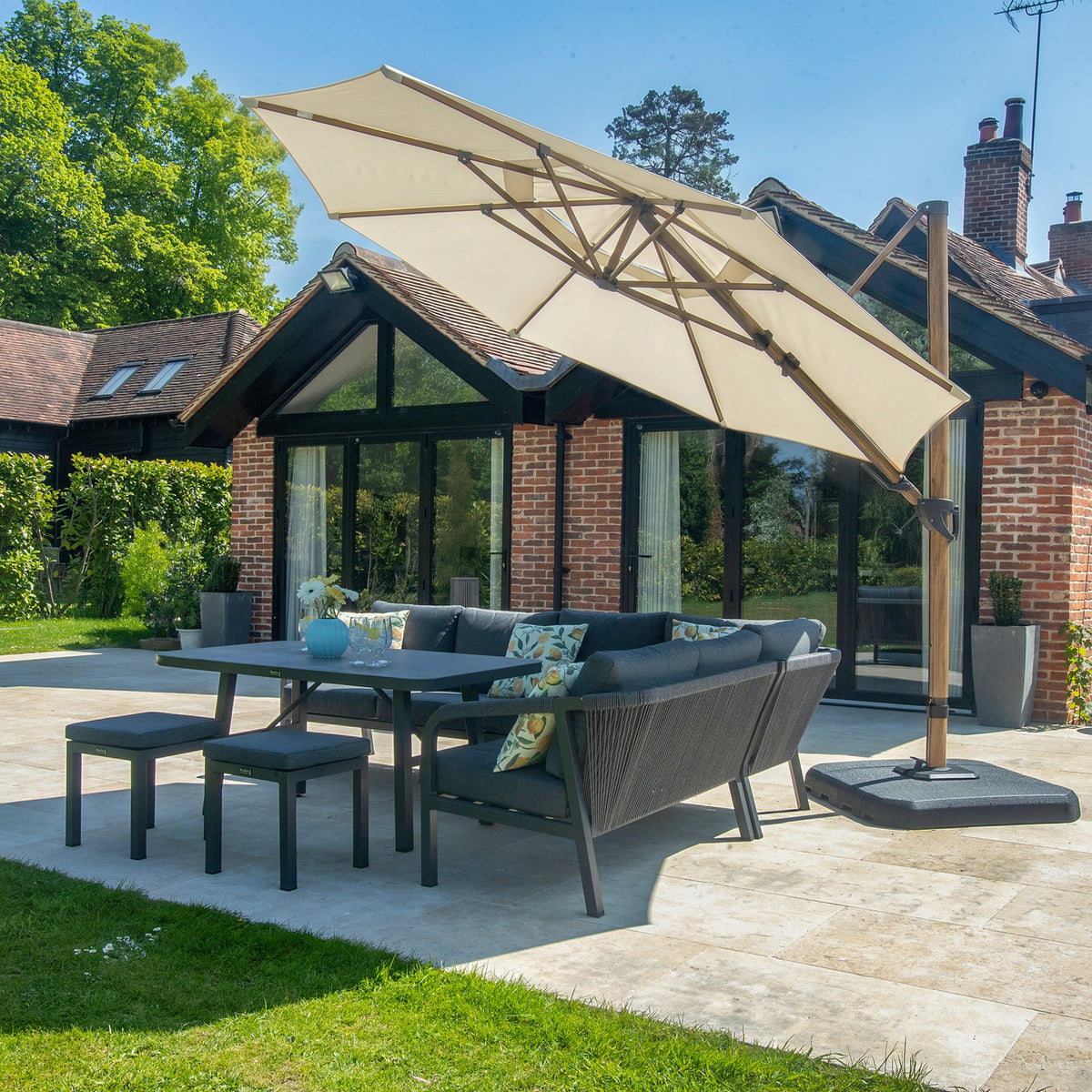 Bracken Outdoors Wood Effect 3.3m Round Ecru Cantilever Parasol With Lights & FREE Base