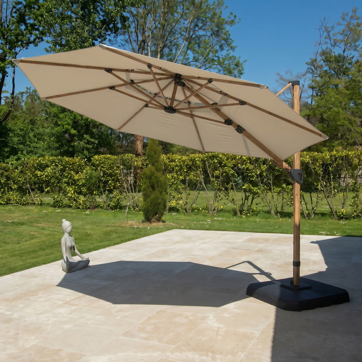 Bracken Outdoors Wood Effect 3.3m Round Ecru Cantilever Parasol With Lights & FREE Base