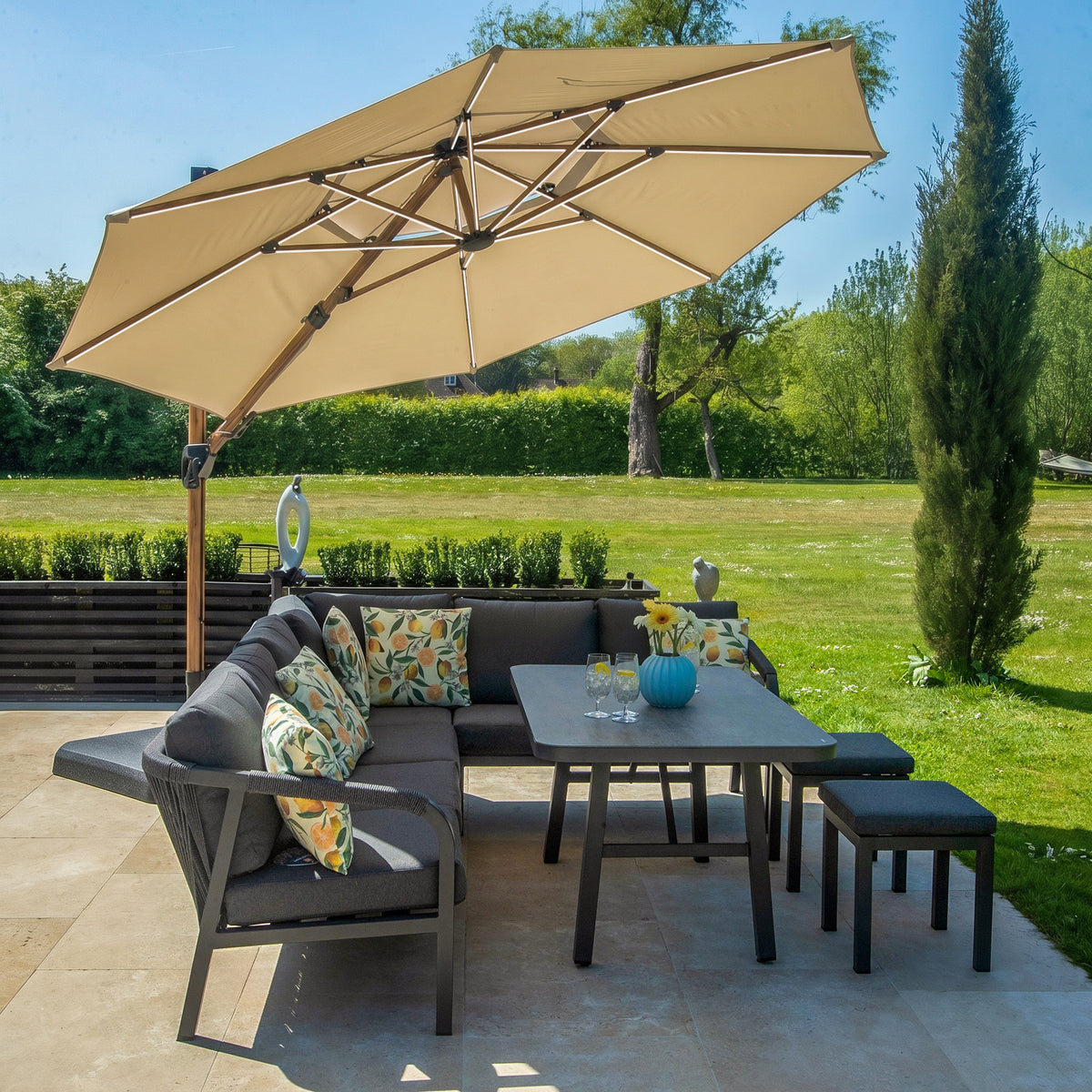Bracken Outdoors Wood Effect 3.3m Round Ecru Cantilever Parasol With Lights & FREE Base