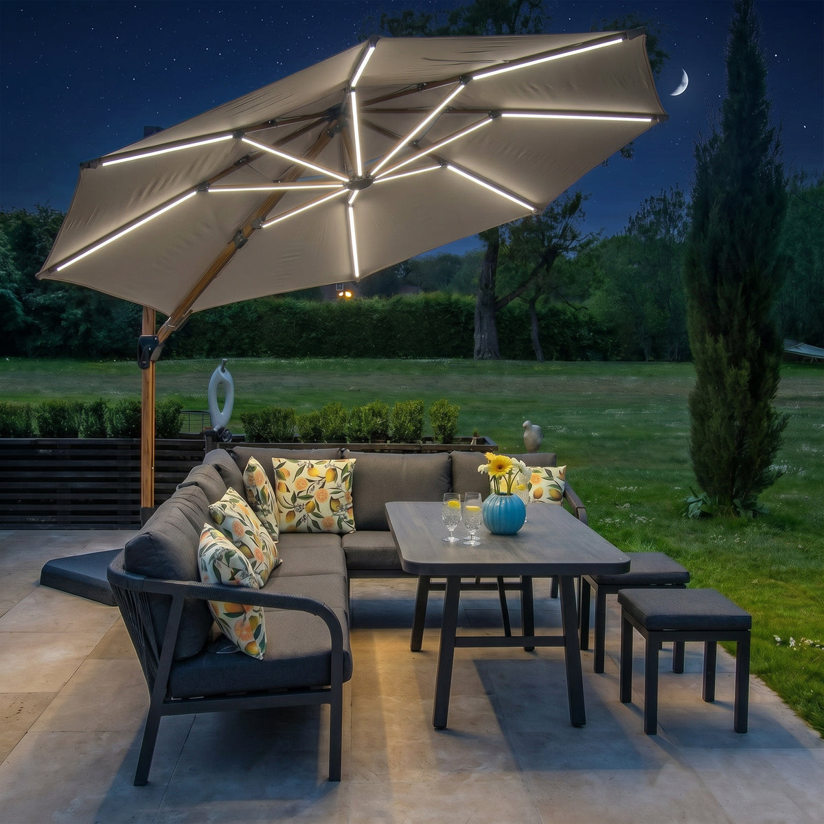 Bracken Outdoors Wood Effect 3.3m Round Ecru Cantilever Parasol With Lights & FREE Base