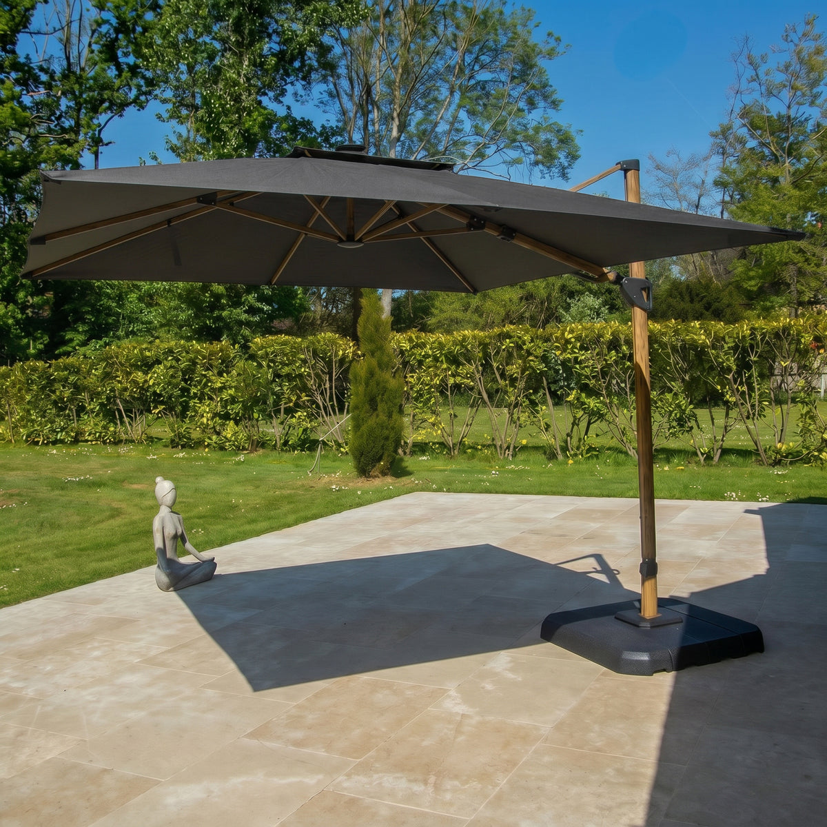 Bracken Outdoors Wood Effect 3m Square Grey Cantilever Parasol With Lights & FREE Base