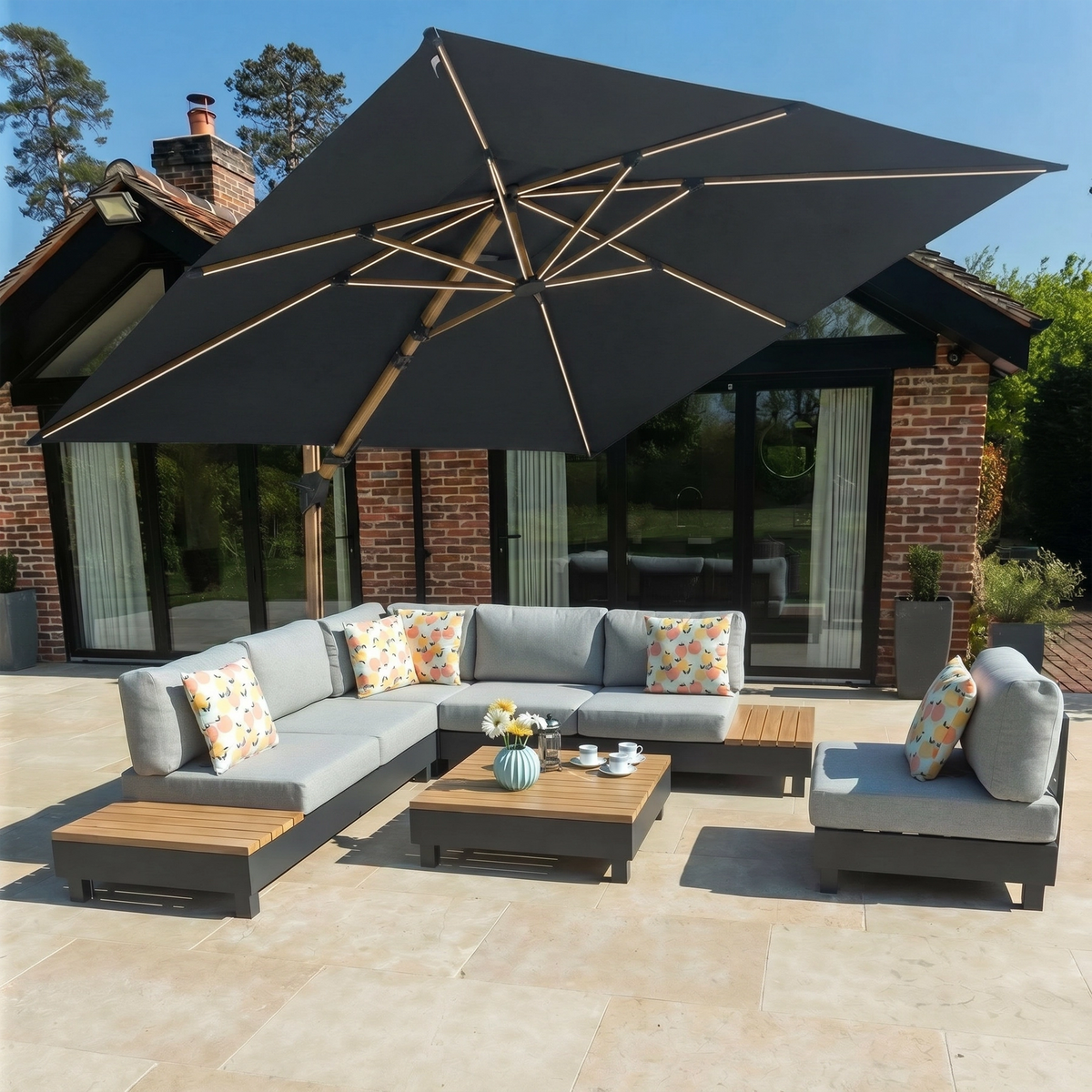 Bracken Outdoors Wood Effect 3m Square Grey Cantilever Parasol With Lights & FREE Base