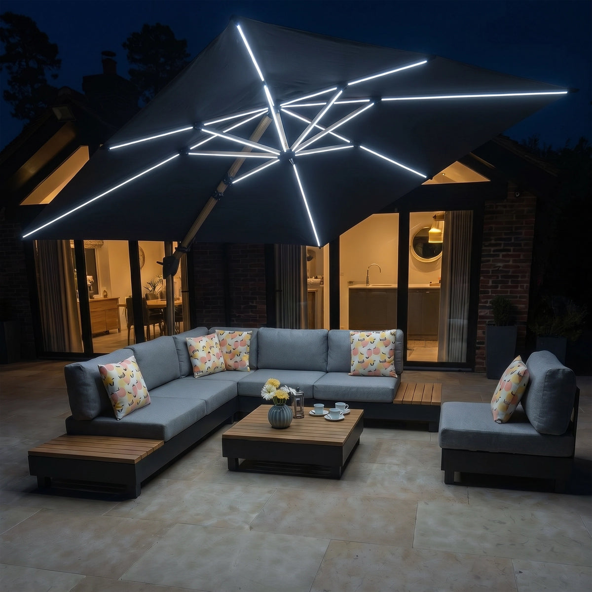 Bracken Outdoors Wood Effect 3m Square Grey Cantilever Parasol With Lights & FREE Base