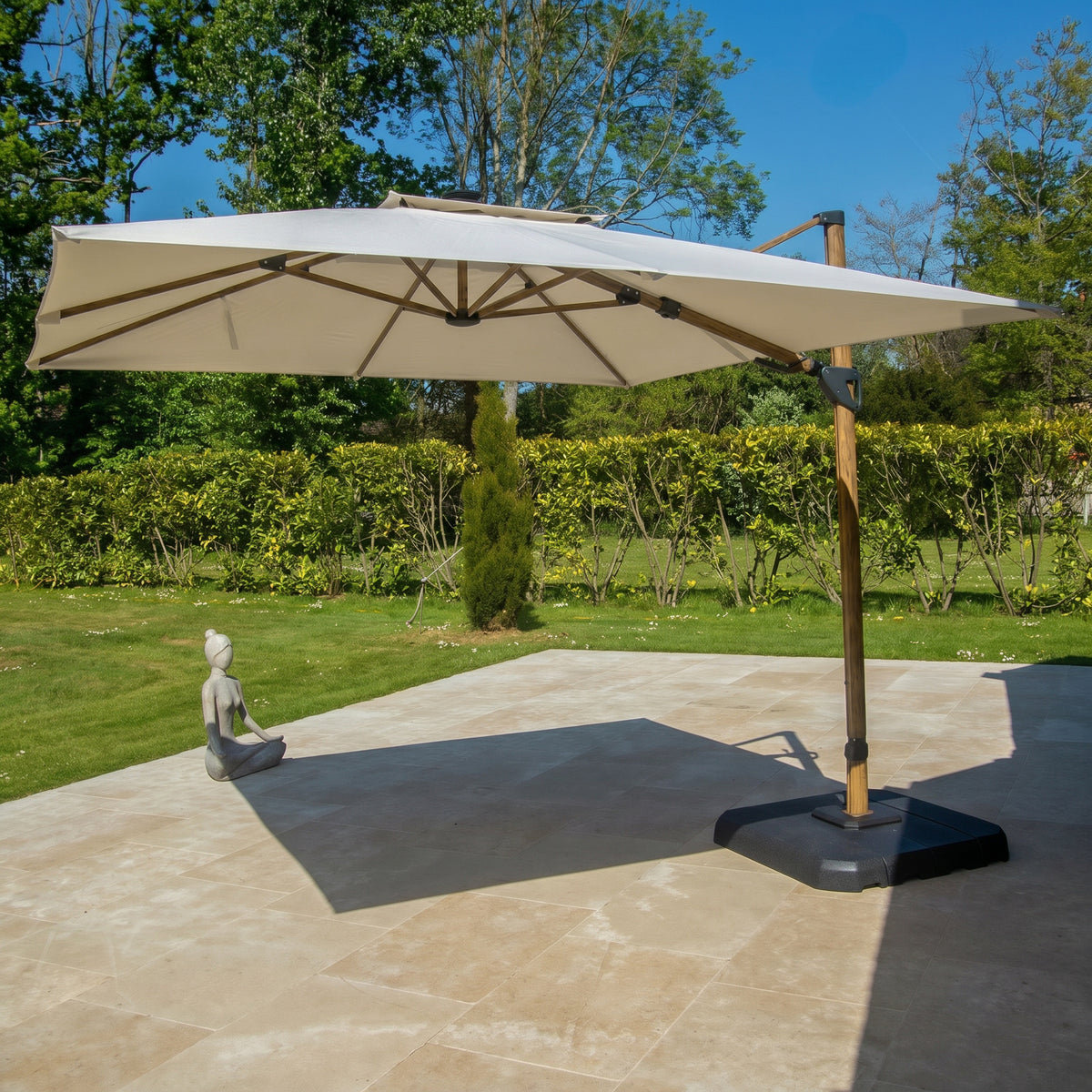 Bracken Outdoors Wood Effect 3m Square Ecru Cantilever Parasol With Lights & FREE Base
