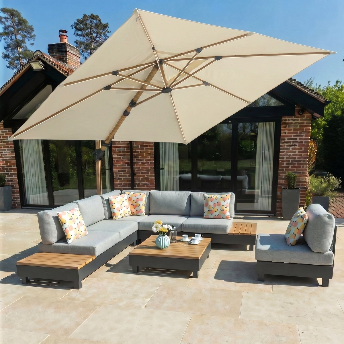 Bracken Outdoors Wood Effect 3m Square Ecru Cantilever Parasol With Lights & FREE Base
