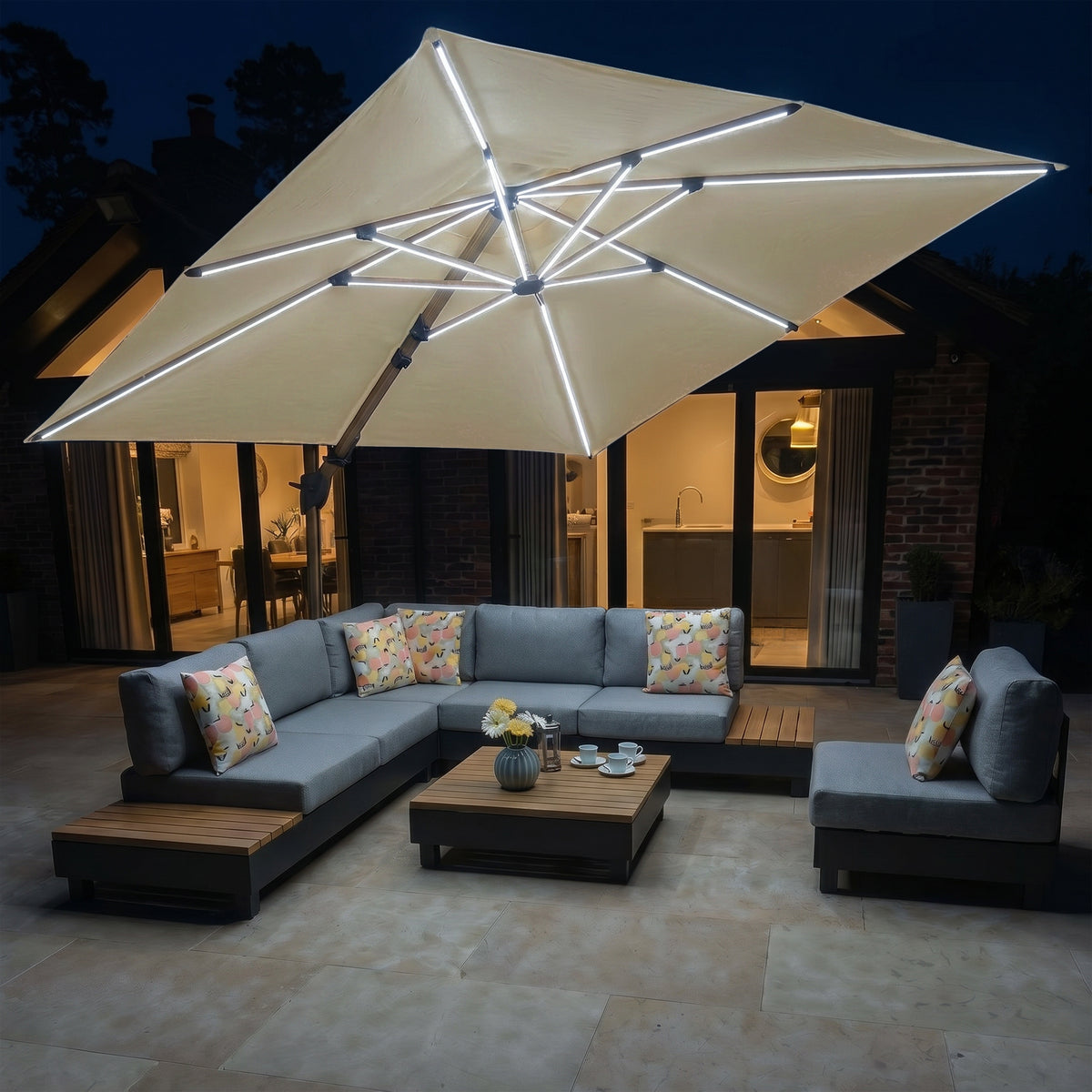 Bracken Outdoors Wood Effect 3m Square Ecru Cantilever Parasol With Lights & FREE Base