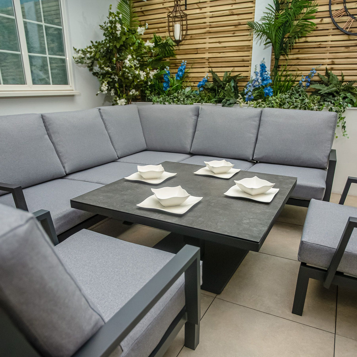Bracken Outdoors Miami Dark Aluminium Compact Corner Set with Adjustable Table and Armchairs
