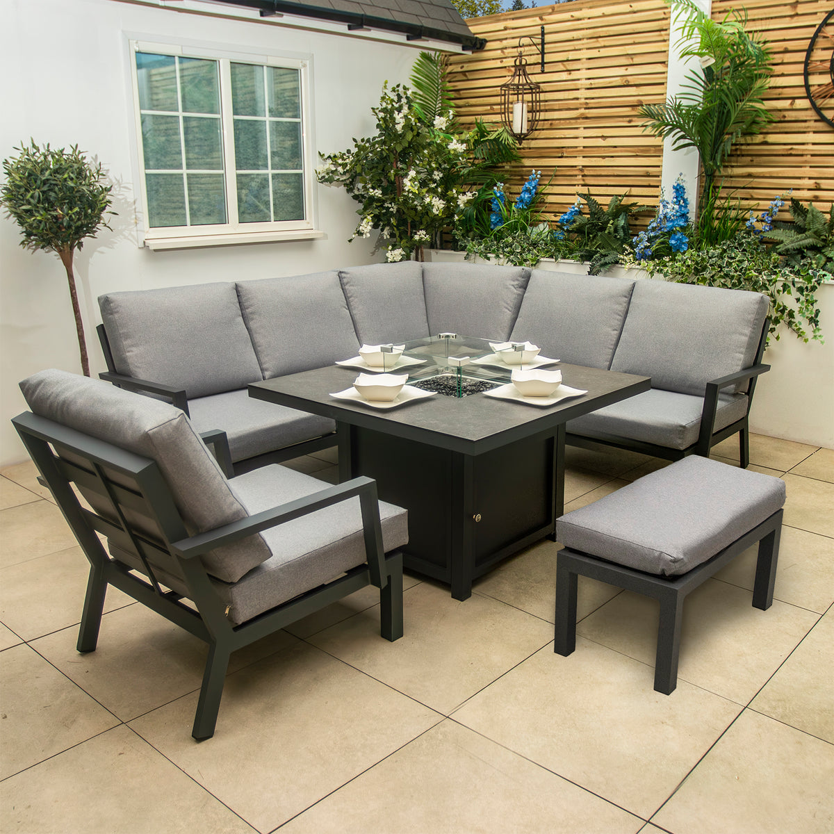 Bracken Outdoors Miami Dark Aluminium Compact Corner Set with Fire Pit Table and Bench and Arm Chair