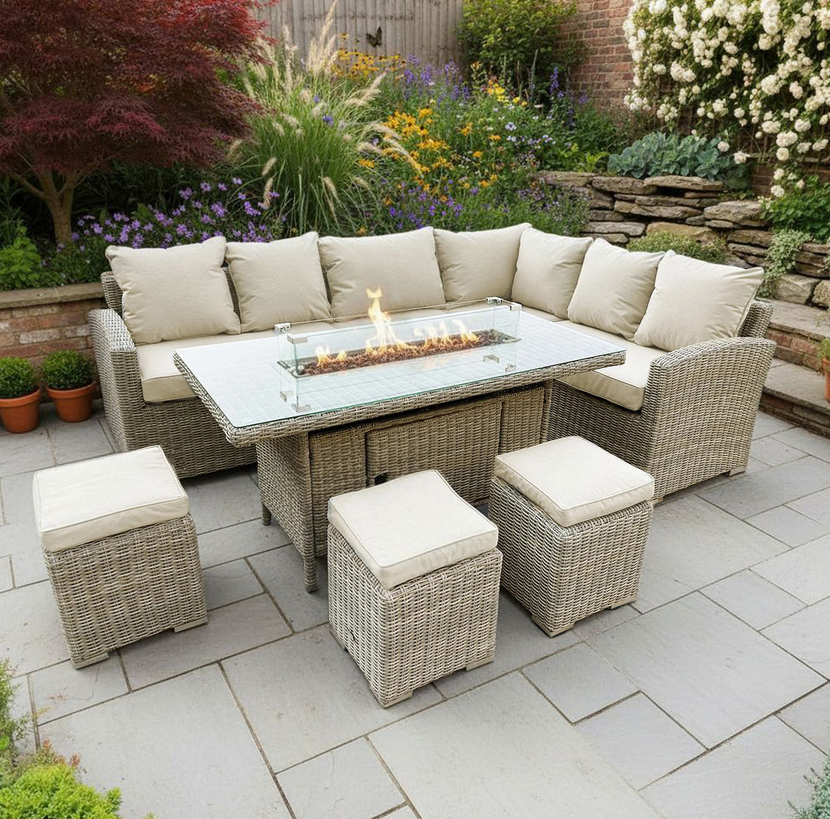 Bracken Outdoors Richmond Rectangular Rattan Corner Sofa Garden Furniture Set with Fire Pit Table