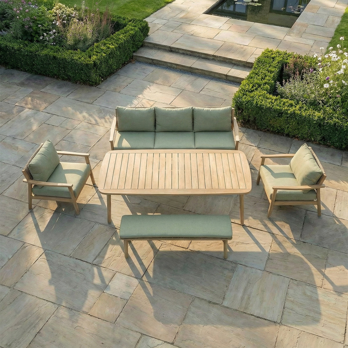 Bracken Outdoors Tetbury Acacia Wood and Rope Lounge Sofa Garden Furniture Set with Dining Table