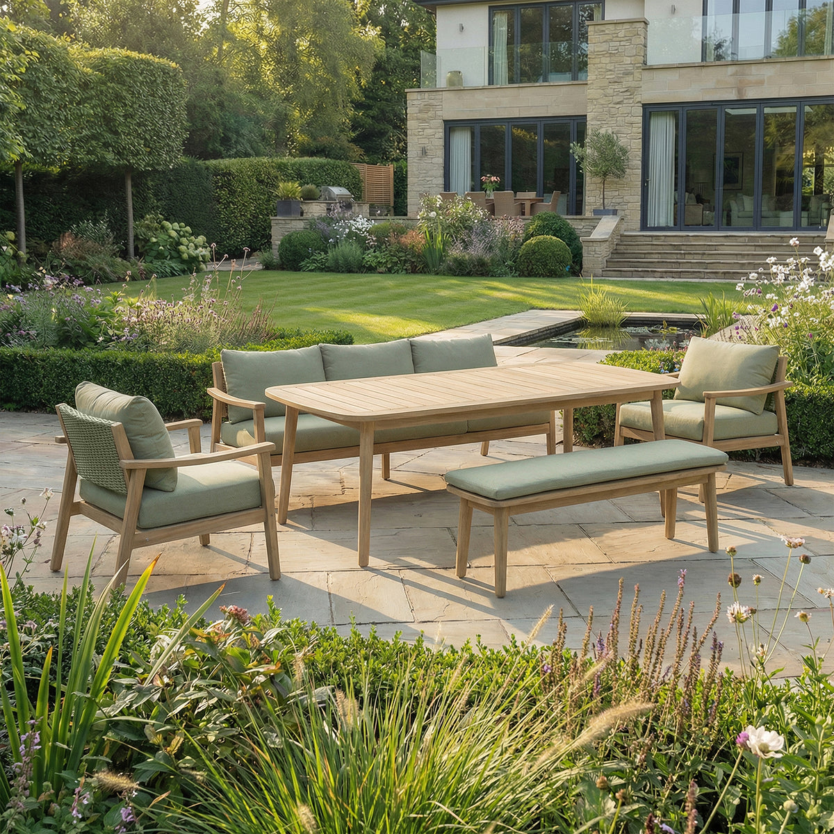 Bracken Outdoors Tetbury Acacia Wood and Rope Lounge Sofa Garden Furniture Set with Dining Table