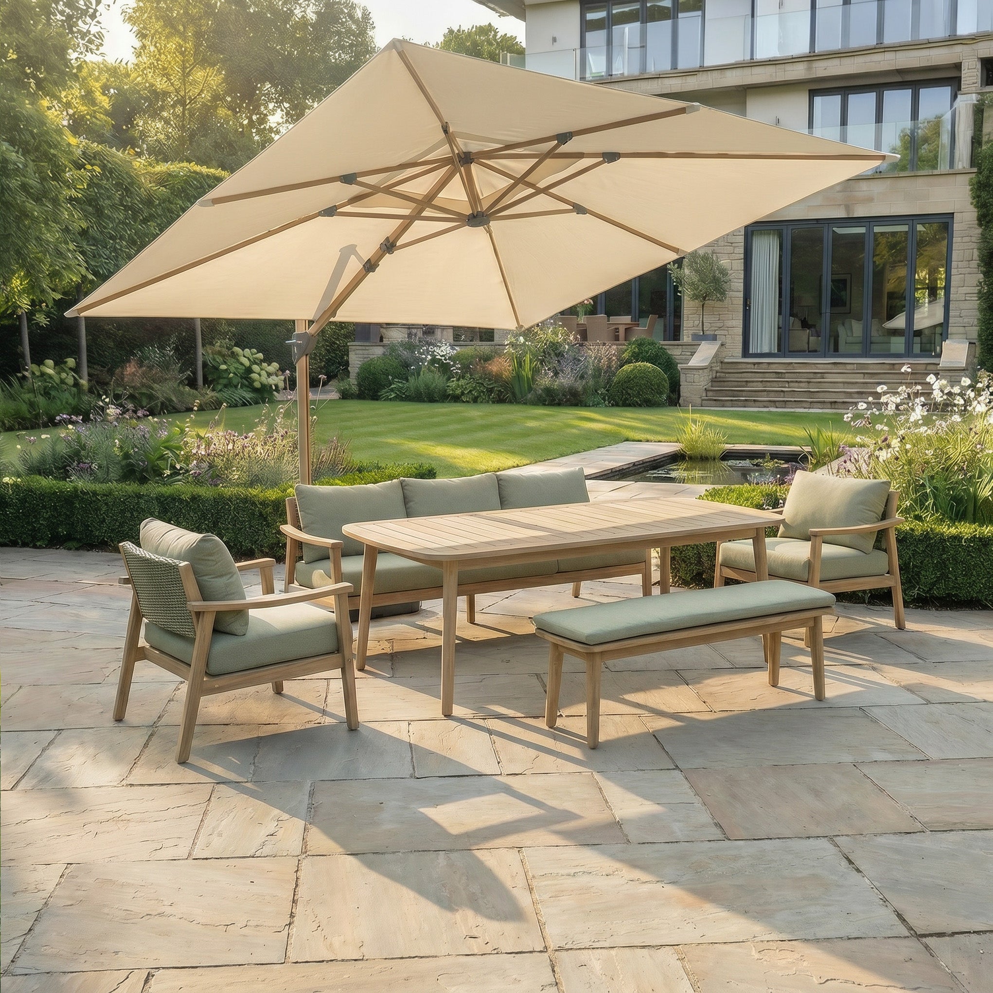 Bracken Outdoors Wood Effect 3m Square Ecru Cantilever Parasol With Li