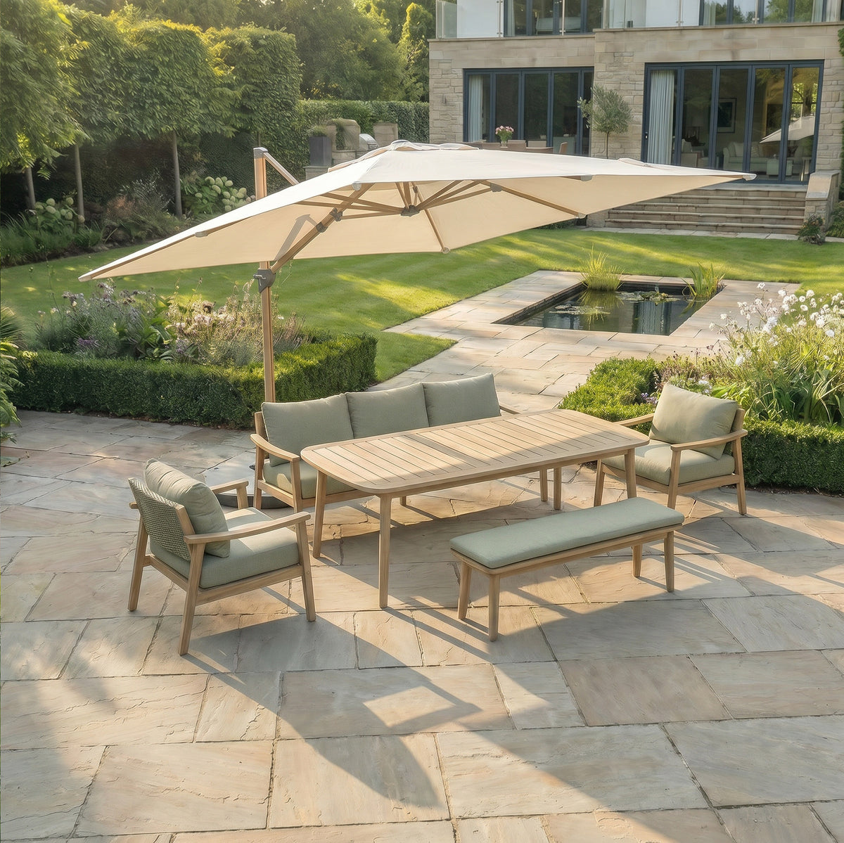 Bracken Outdoors Wood Effect 3m Square Ecru Cantilever Parasol With Lights & FREE Base