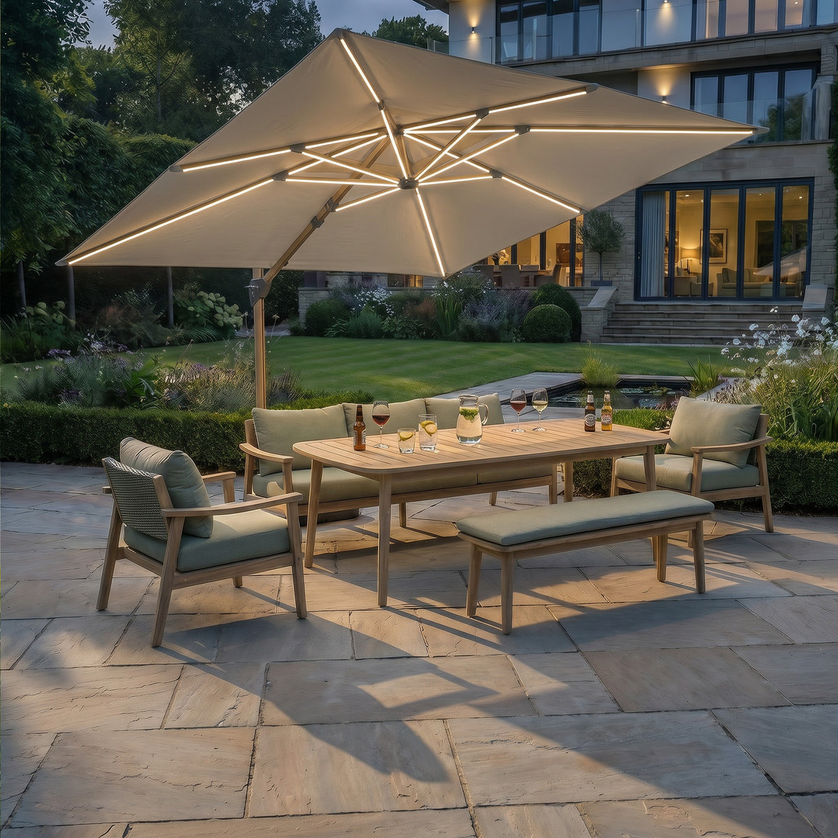 Bracken Outdoors Wood Effect 3m Square Ecru Cantilever Parasol With Lights & FREE Base