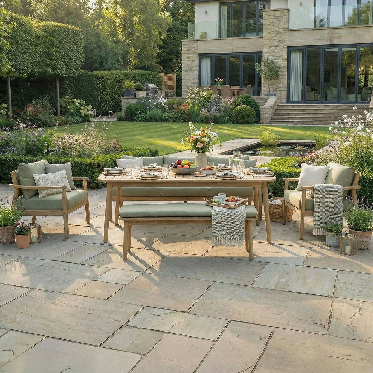 Bracken Outdoors Tetbury Acacia Wood and Rope Lounge Sofa Garden Furniture Set with Dining Table