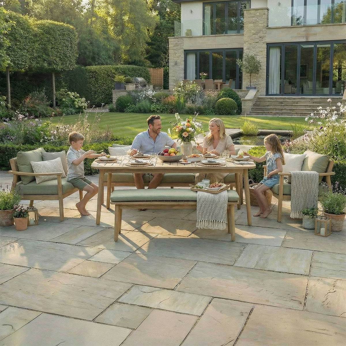 Bracken Outdoors Tetbury Acacia Wood and Rope Lounge Sofa Garden Furniture Set with Dining Table