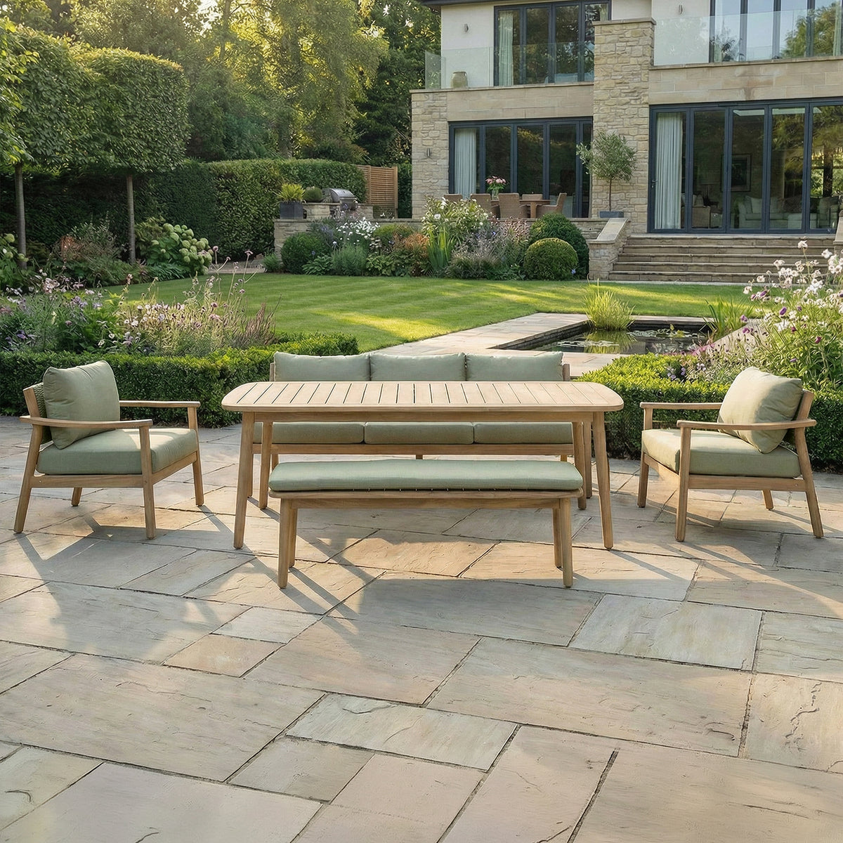 Bracken Outdoors Tetbury Acacia Wood and Rope Lounge Sofa Garden Furniture Set with Dining Table