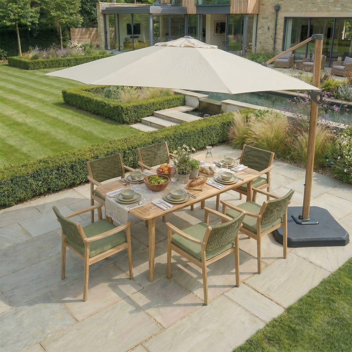 Bracken Outdoors Wood Effect 3.3m Round Ecru Cantilever Parasol With Lights & FREE Base