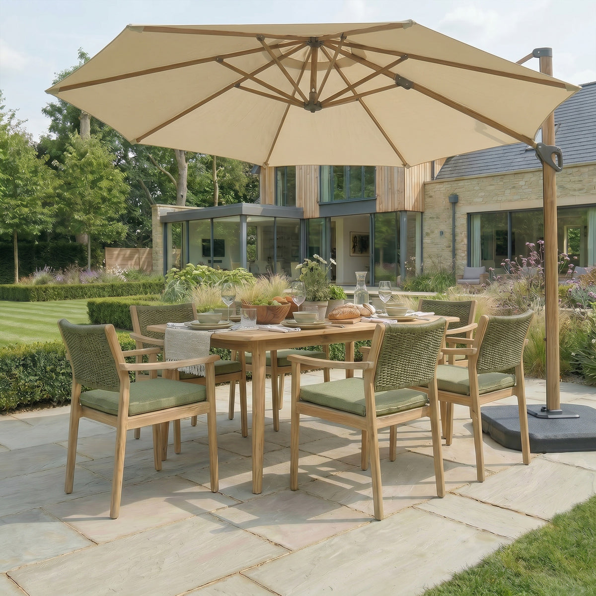 Bracken Outdoors Wood Effect 3.3m Round Ecru Cantilever Parasol With Lights & FREE Base