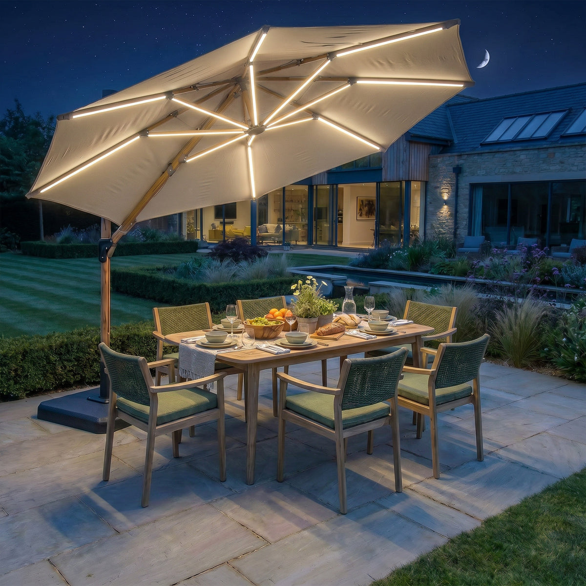 Bracken Outdoors Wood Effect 3.3m Round Ecru Cantilever Parasol With Lights & FREE Base
