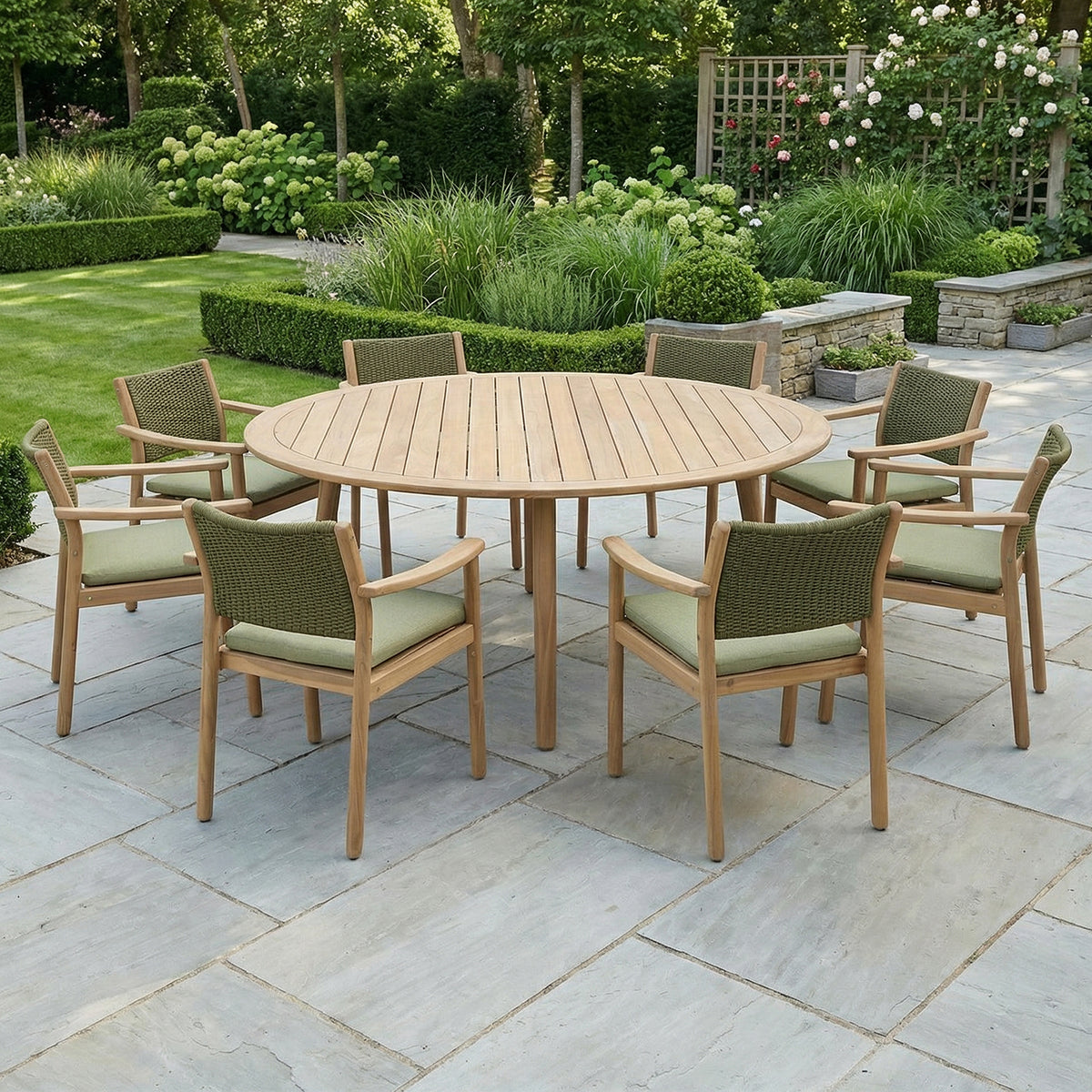 Bracken Outdoors Tetbury Acacia Wood and Rope 8 Seat Round Garden Dining Furniture Set