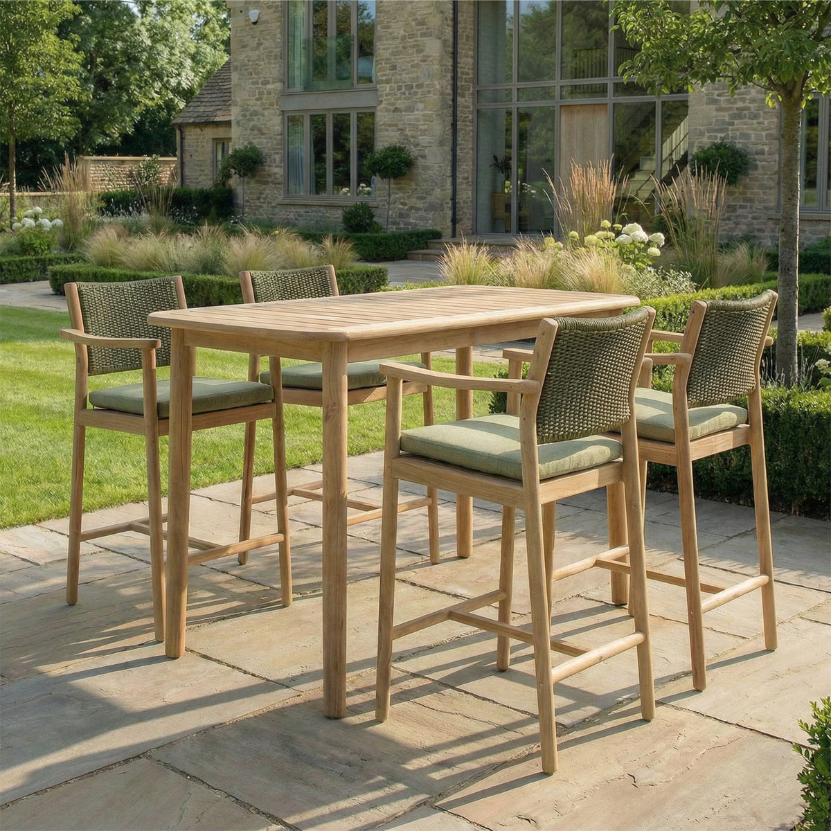 Bracken Outdoors Tetbury Acacia Wood and Rope 4 Seat Bar Table Garden Furniture Set
