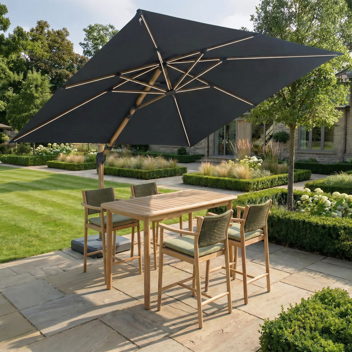 Bracken Outdoors Wood Effect 3m Square Grey Cantilever Parasol With Lights & FREE Base