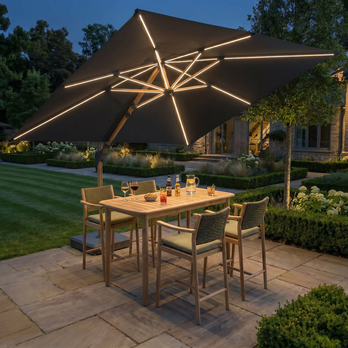 Bracken Outdoors Wood Effect 3m Square Grey Cantilever Parasol With Lights & FREE Base