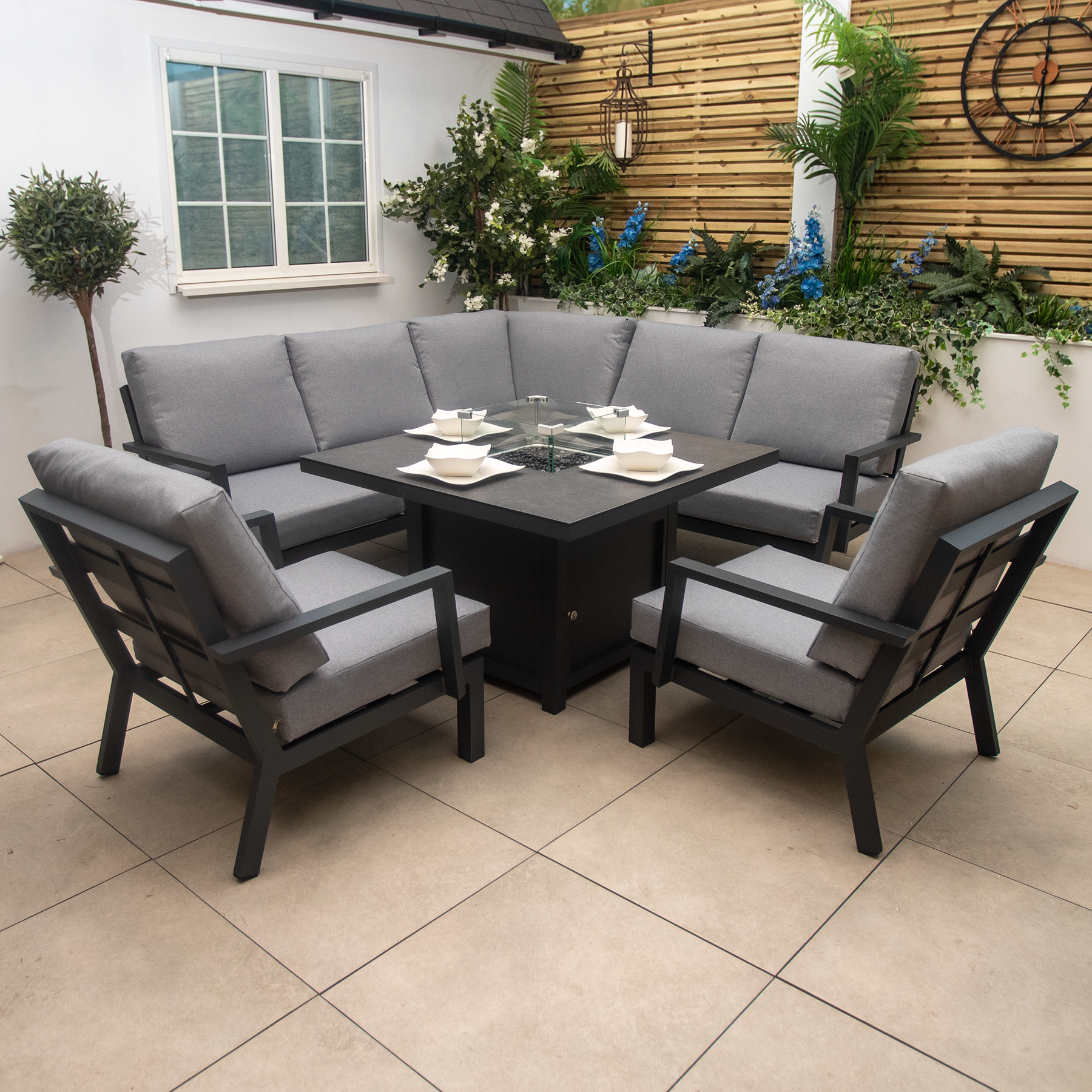 Cheltenham Aluminium Garden Sofa Set With Fire Pit Table