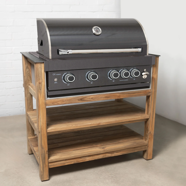 Draco Grills Teak Modular Outdoor Kitchen BBQ Unit with Black Stainles ...