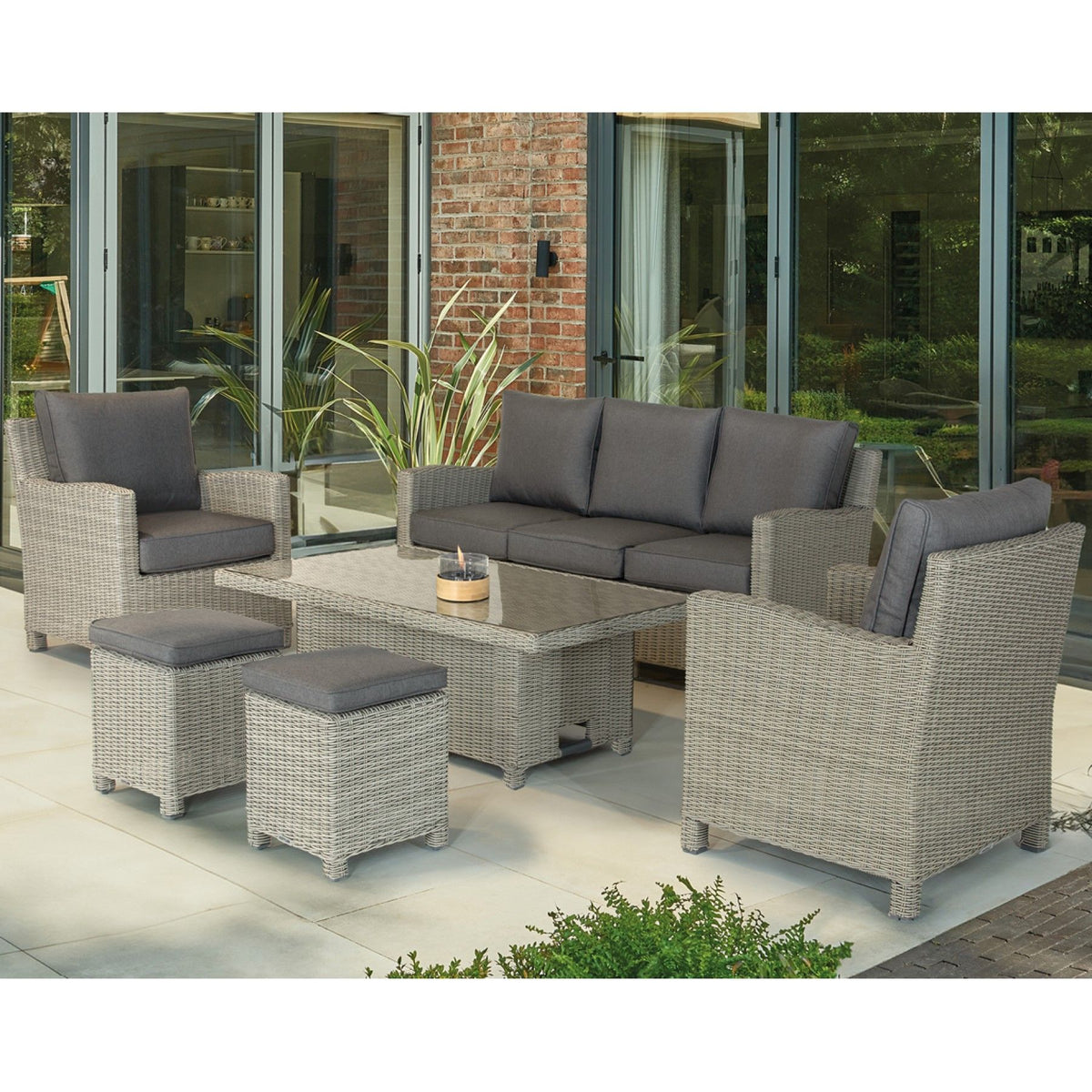 Kettler Palma Signature White Wash Wicker Lounge Sofa Set with High Low Glass Top Table