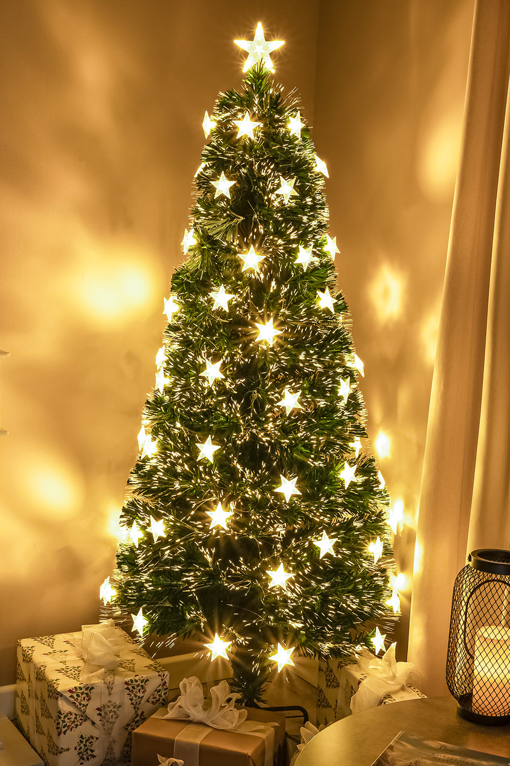 YUETJIN 32" Green 5-Layer LightShow Fiber Optic Christmas Tree - Tabletop Tree With Gold Pot & Adapter