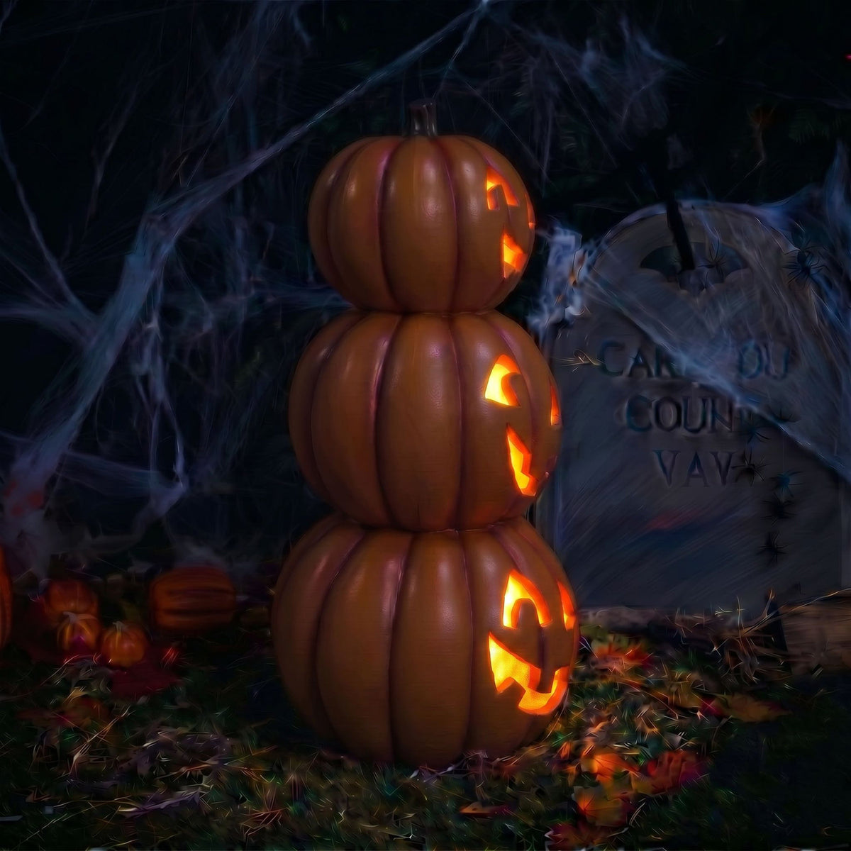 Halloween 80cm Stacked Smiling Pumpkins Ornament with Multicoloured  LED Lights