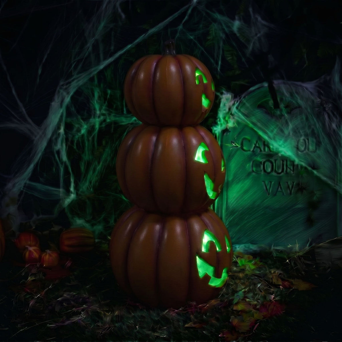 Halloween 80cm Stacked Smiling Pumpkins Ornament with Multicoloured  LED Lights