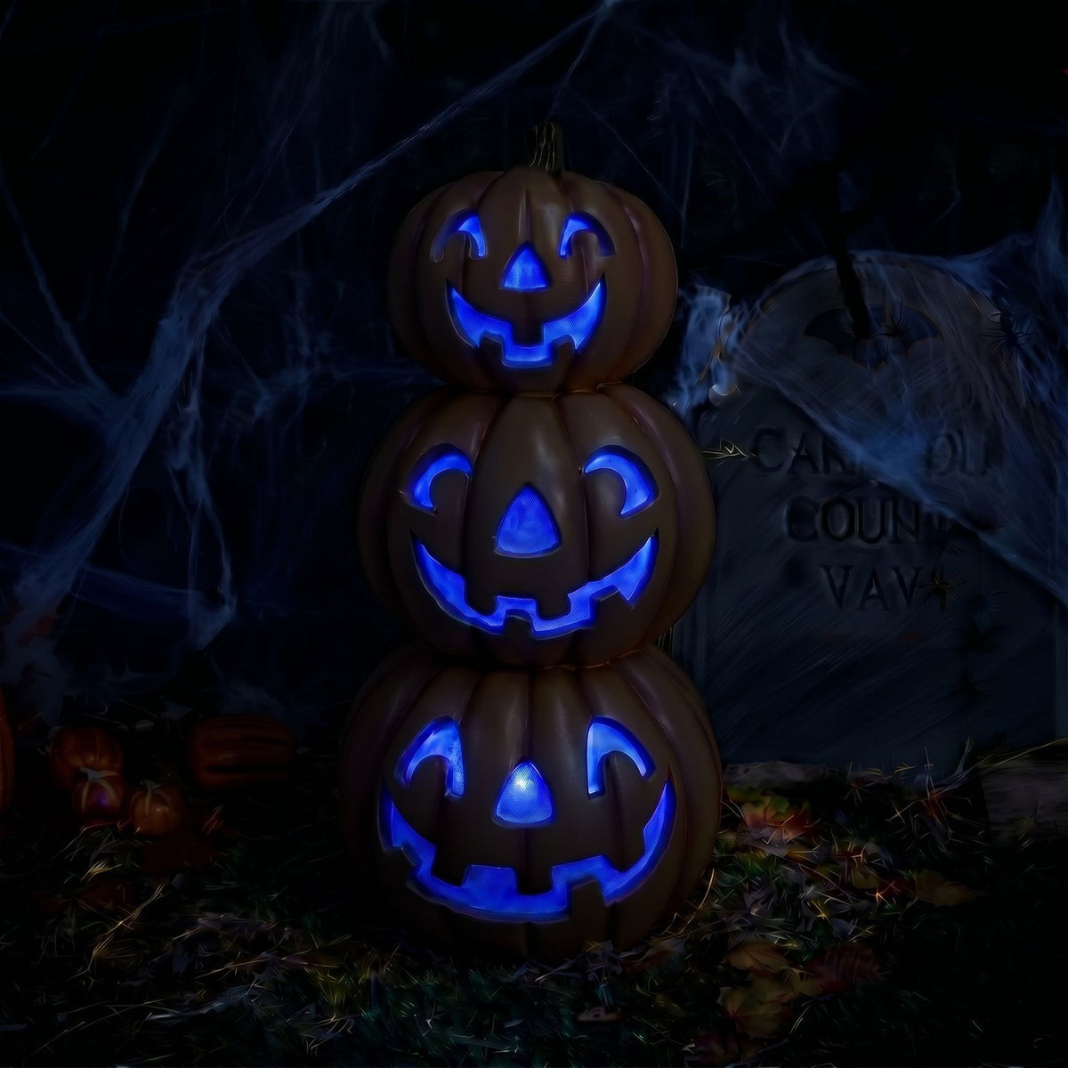 Halloween 80cm Stacked Smiling Pumpkins Ornament with Multicoloured  LED Lights