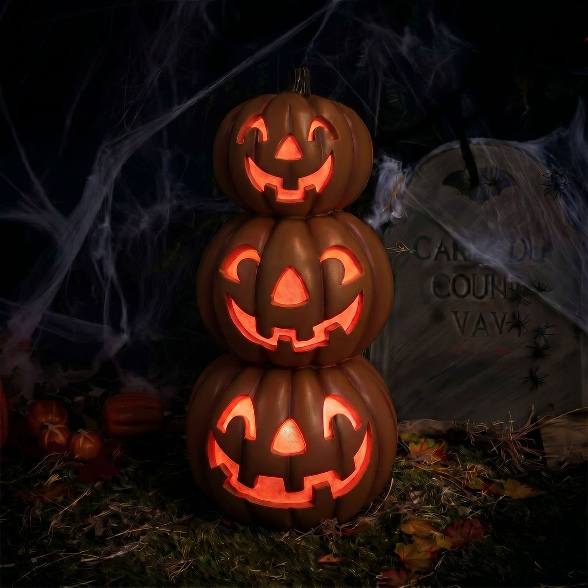 Halloween 80cm Stacked Smiling Pumpkins Ornament with Multicoloured  LED Lights